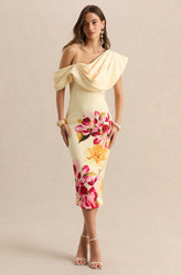 Adrina | Hot Pink & Lemon Floral Print Draped One Shoulder Midi Dress