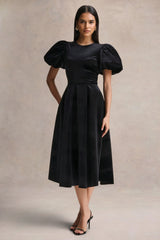 Seraphic | Black Velvet Puff-Sleeve Midi Dress