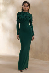 Evessa | Dark Green High-Neck Maxi Dress With Gathered-Detailing