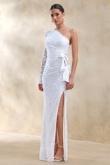 Norna | White Lace Asymmetric-Neck Maxi Dress With Cut-Out And Bow Details