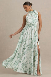Talia | Green Floral Print High-Neck Maxi Dress With Front High Split