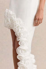 Indira | White Halter-Neck Maxi Dress With Asymmetric-Floral Hem