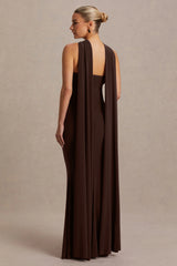 Lyra | Brown Cross Halter-Neck Maternity Maxi Dress With Cape