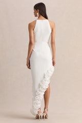 Indira | White Halter-Neck Maxi Dress With Asymmetric-Floral Hem