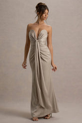 Mackenzie | Champagne Satin Plunge-Neck Draped Maxi Dress