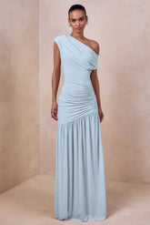 Kady | Powder Blue Asymmetric-Neck Maxi Dress With Ruched Detailing