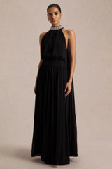 Marie | Black Halter-Neck Maxi Dress With Embellished Detailing