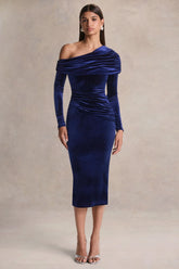 Eirene | Blue Velvet Asymmetric-Neck Midi Dress