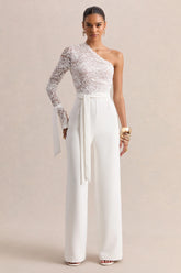 Clarence | White Lace Asymmetric-Neck Jumpsuit With Bow-Details