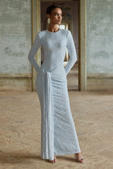 Evangela | Powder Blue Lace Crew-Neck Maxi Dress With Wrap-Detail