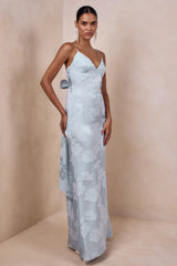 Carelle | Powder Blue Satin Plunge-Neck Maxi Dress With Asymmetric Drop-Waist