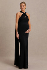 Lyra | Black Cross Halter-Neck Maternity Maxi Dress With Cape