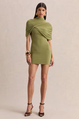 Perdi | Olive Bodycon Mini Dress With Twisted Cape