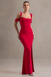 Amoura | Red Square-Neck Draped Wrap Maxi Dress