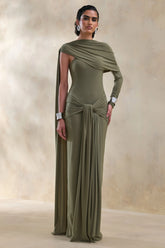 Trisara | Olive Asymmetric-Neck Maxi Dress With Gathered-Detailing And Sash