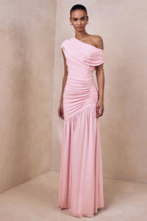 Kady | Pink Asymmetric-Neck Maxi Dress With Ruched Detailing