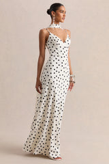 Starling | White & Black Polka Dot Satin Plunge-Neck Maxi Dress With Scarf-Detail