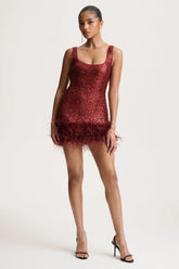 Rosalinda | Burgundy Sequin Square-Neck Mini Dress With Feather Trim