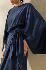 Delphina | Navy Satin Maxi Dress With Gathered And Knot-Detail