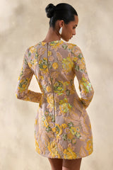 Merdia | Yellow Embellished Floral Crew-Neck Mini Dress