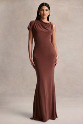 Blaire | Brown Asymmetric-Neck Maxi Dress With Gold-Detailing