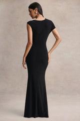 Blaire | Black Asymmetric-Neck Maxi Dress With Gold-Detailing