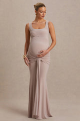Baylin | Nude Square-Neck Maternity Maxi Dress With Ruched Detailing And Sash