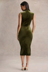 Novine | Olive Velvet High-Neck Midi Dress