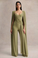 Labina | Green Plunge-Neck Jumpsuit With Cape-Sleeves