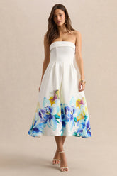 Annalise | Blue And Yellow Floral Border Print Bandeau Skater Midi Dress