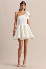 Prosperity | White Asymmetric-Neck Mini Dress With Bow Detail