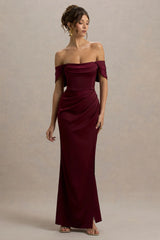 Annie | Burgundy Satin Bardot Maxi Dress With Split Wrap Skirt