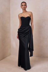 Oakley | Black Satin Bandeau Maxi Dress With Draped Skirt