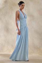 Bettina | Powder-Blue Plunge-Neck Maxi Dress With Gathered-Detailing