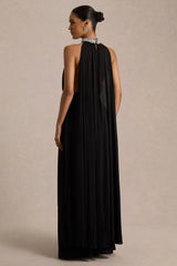 Marie | Black Halter-Neck Maxi Dress With Embellished Detailing