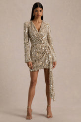 Carmina | Gold Sequin Plunge-Neck Wrap Mini Dress With Sash Detail