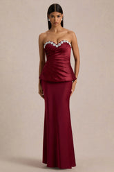 Milia | Burgundy Satin Hand-Embellished Strapless Corset Maxi Dress
