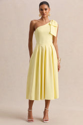 Meria | Lemon Asymmetric-Neck Midi Dress With Bow-Sleeve