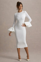 Celie | White Long-Sleeve Midi Dress With Puff Cuffs