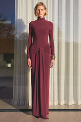 Myra | Burgundy High-Neck Maxi Dress With Sash and Ruched Detailing