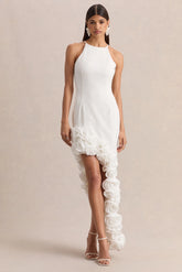 Indira | White Halter-Neck Maxi Dress With Asymmetric-Floral Hem