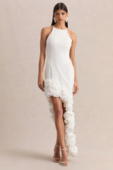 Indira | White Halter-Neck Maxi Dress With Asymmetric-Floral Hem