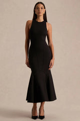 Sally | Black Crew-Neck Midi Dress With Drop Waist And Pleated Detailing