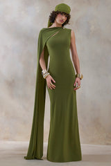 Isdelia | Green Asymmetric-Neck Maxi Dress With Cape-Sleeve
