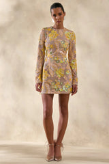 Merdia | Yellow Embellished Floral Crew-Neck Mini Dress