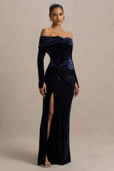 Countess | Navy Velvet Bardot-Neck Wrapped Maxi Dress With Front-High Split