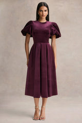 Seraphic | Burgundy Velvet Puff-Sleeve Midi Dress