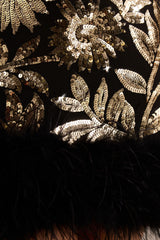 Lara | Black Velvet And Gold Embellished Sequin High-Neck Mini Dress With Feather Trim