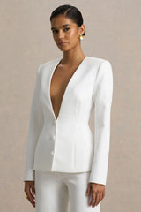 Rosalina | White Extreme-Plunge Neck Tailored Blazer