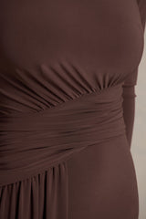 Virelle | Brown Boat-Neck Maxi Dress With Wrap Detail And Sash